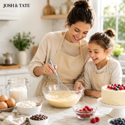Josh & Tate - SpinWhisk™ Self-Rotating Hand Whisk - Woman and child baking together in a kitchen, with a cake and ingredients on the counter.