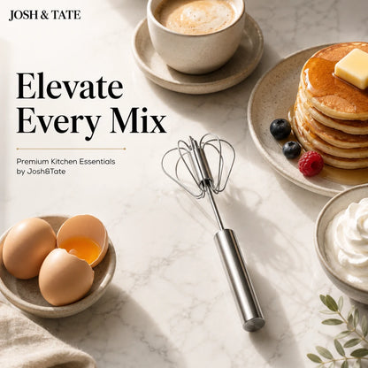 Josh & Tate - SpinWhisk™ Self-Rotating Hand Whisk - Promotional image of kitchen items including eggs, pancakes, and a whisk with 'Josh & Tate' branding.