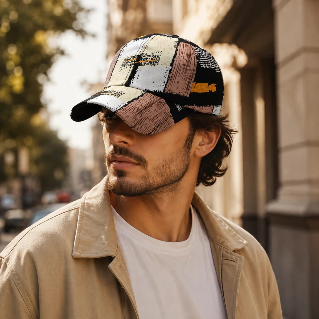 Josh & Tate - SplashPatch™ Graffiti Cap - A man wearing a multicolor patchwork baseball cap with a cross motif, styled with a beige jacket and white t-shirt in an outdoor urban setting.