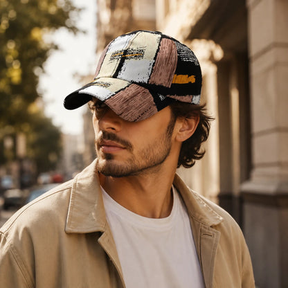 Josh & Tate - SplashPatch™ Graffiti Cap - A man wearing a multicolor patchwork baseball cap with a cross motif, styled with a beige jacket and white t-shirt in an outdoor urban setting.