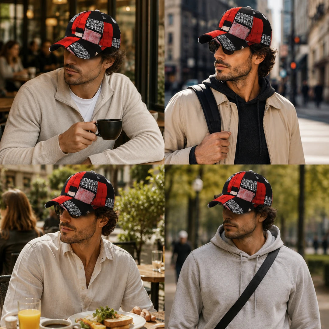 Josh & Tate - SplashPatch™ Graffiti Cap - A four-panel collage showing a man wearing a red, black, and gray patchwork baseball cap in different real-world settings: holding a coffee cup in a cafe, walking on a city street, sitting at an outdoor table, and walking while wearing a gray hoodie.