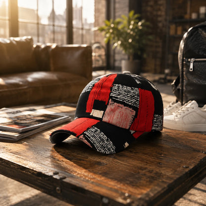 Josh & Tate - SplashPatch™ Graffiti Cap - A baseball cap with a bold red, black, and white abstract patchwork pattern sits on a rustic wooden table in a warm, sunlit loft setting.