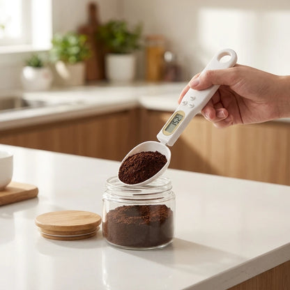 Josh & Tate - SpoonScale™ Smart Measuring Spoon - Person using a digital scoop to measure coffee grounds into a jar on a kitchen counter.