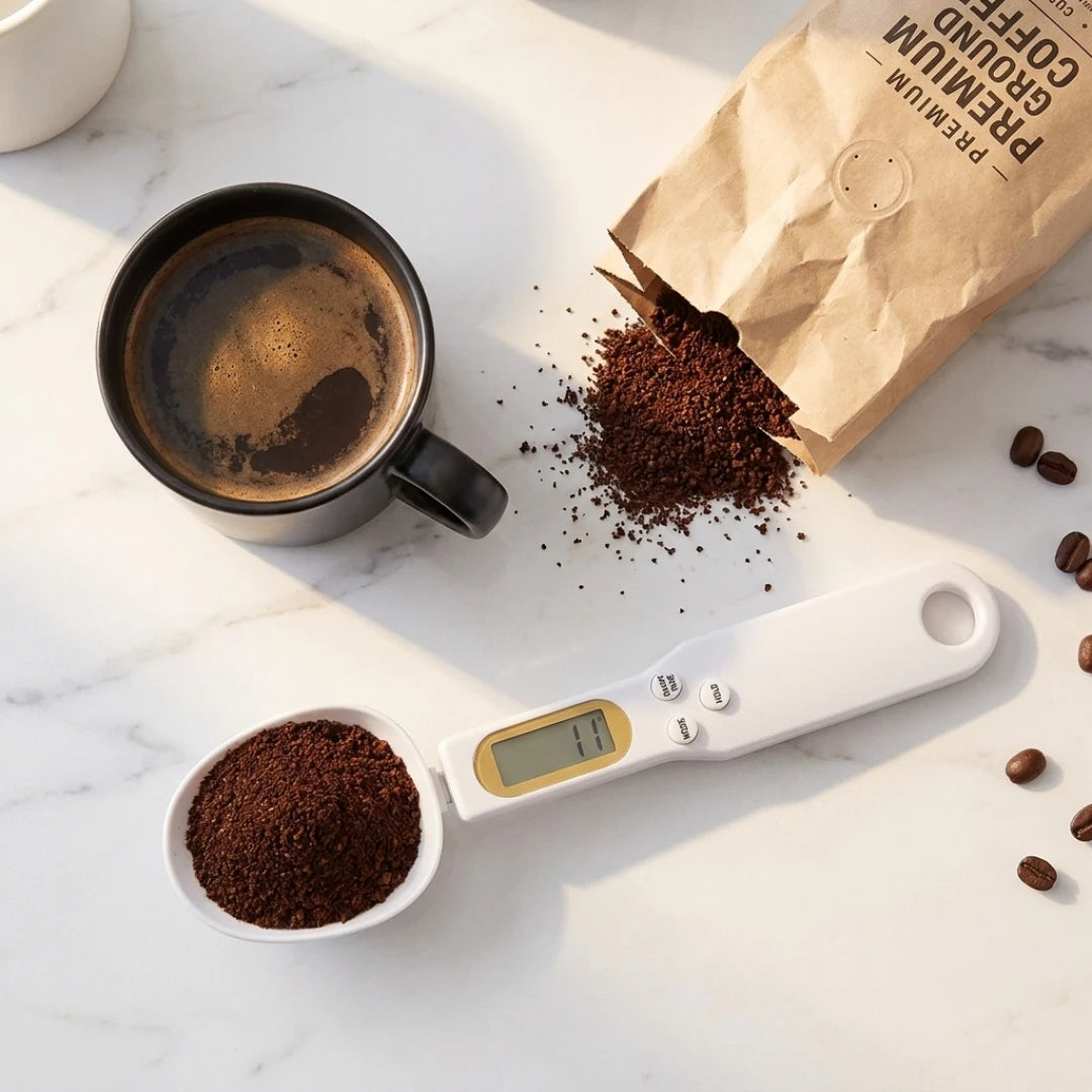Josh & Tate - SpoonScale™ Smart Measuring Spoon - Coffee cup, scoop of ground coffee, and coffee beans on a marble surface with a coffee bag.