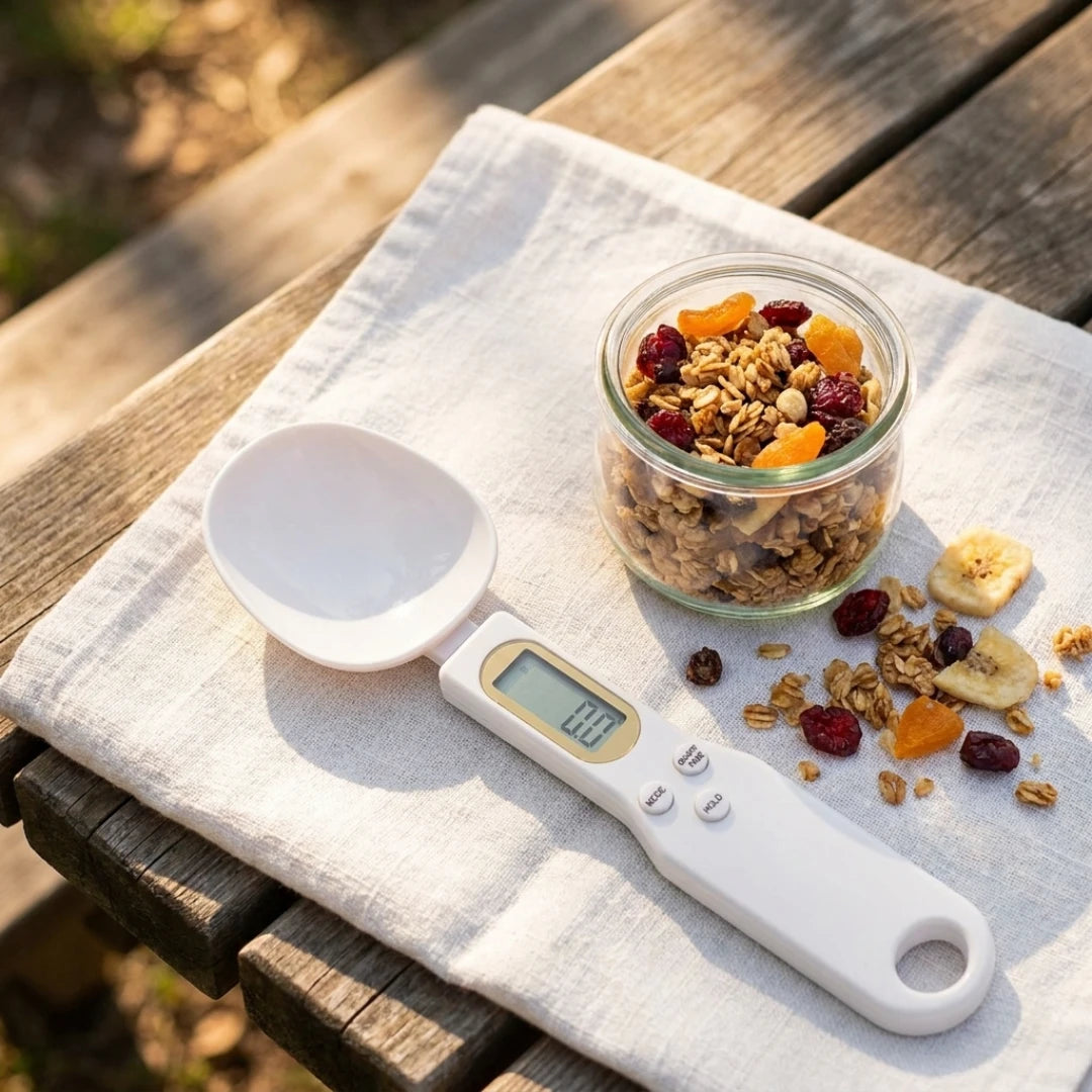 Josh & Tate - SpoonScale™ Smart Measuring Spoon - Digital kitchen scale with a jar of granola and dried fruits on a wooden surface