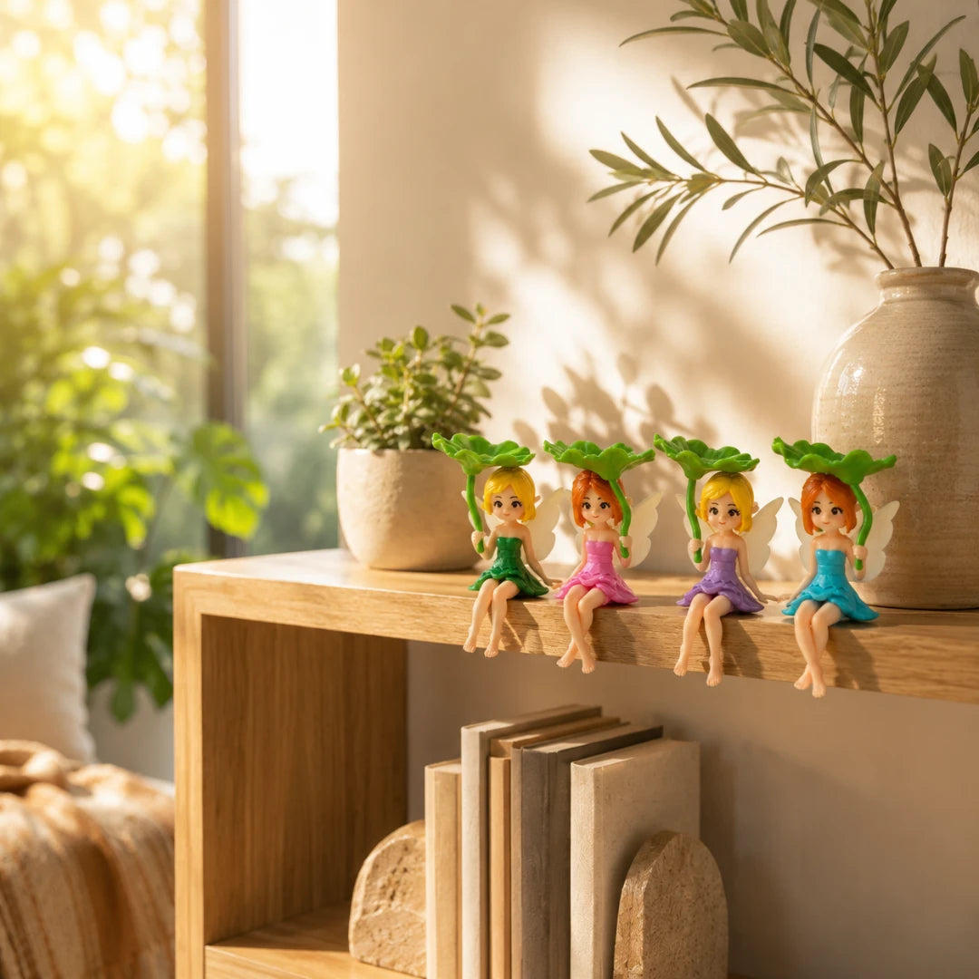 Josh & Tate - SproutPixie™ Leaf Umbrella Pixie Car Ornament - Four small fairy figurines with green leafy hair and colorful dresses sit on a wooden shelf in a sunlit room with plants and a vase in the background.