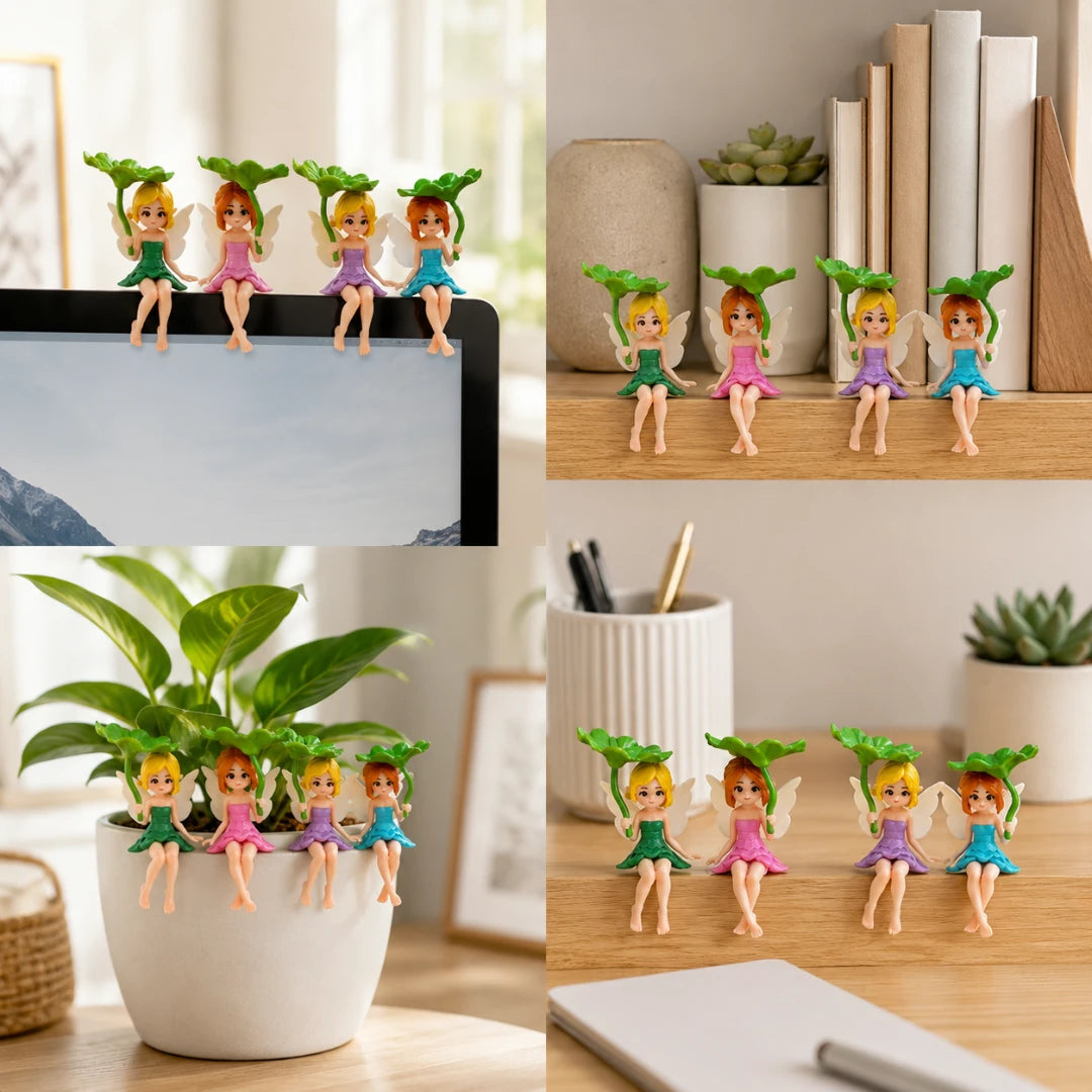 Josh & Tate - SproutPixie™ Leaf Umbrella Pixie Car Ornament - Four-panel collage showing small fairy figurines with green leafy crowns and wings, posed on a computer monitor, a wooden shelf, a potted plant, and a desk with a notebook and pen in a bright home office setting.