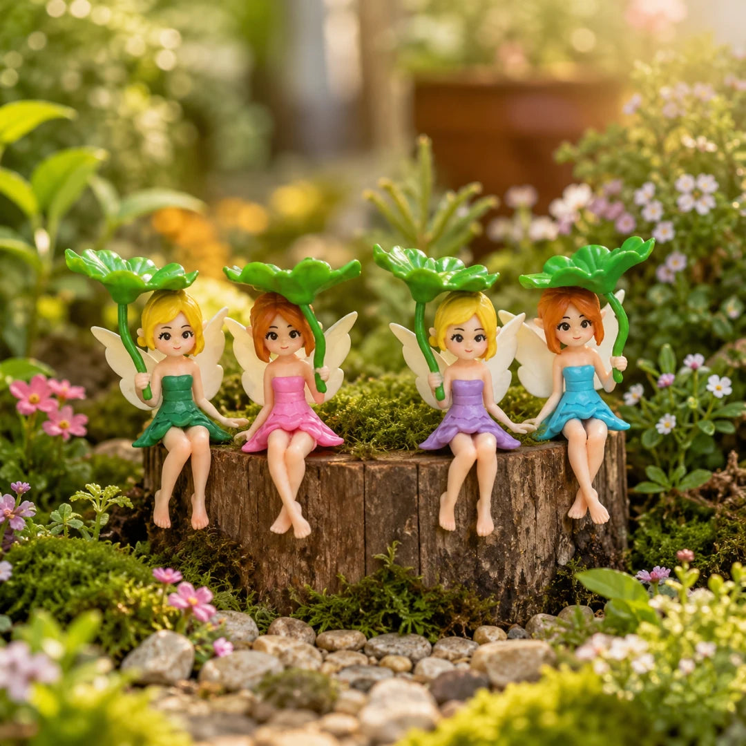 Josh & Tate - SproutPixie™ Leaf Umbrella Pixie Car Ornament - Four small fairy figurines with wings and flower-shaped hats sit on a tree stump in a garden setting with flowers, moss, and stones.