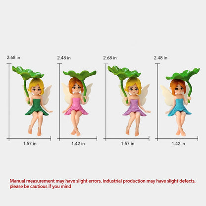 Josh & Tate - SproutPixie™ Leaf Umbrella Pixie Car Ornament - Four small fairy figurines shown side by side with dimension lines and measurements above and below each figure, plus a note about manual measurement errors. The figures have green leaf canopies and wear green, pink, purple, and blue dresses.