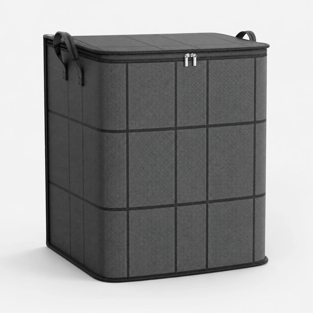 Josh & Tate - StackFold™ Folding Storage Box - A dark gray fabric storage bin with a grid pattern, black handles, and a zippered lid, shown on a light gray background.