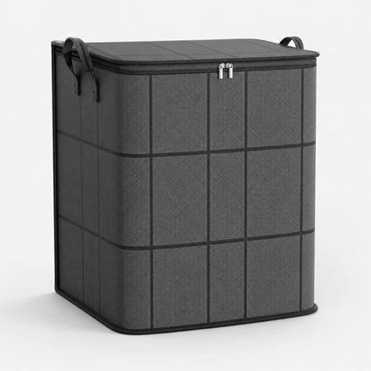 Josh & Tate - StackFold™ Folding Storage Box - A dark gray fabric storage bin with a grid pattern, black handles, and a zippered lid, shown on a light gray background.