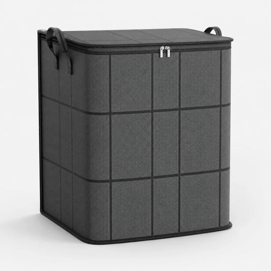 Josh & Tate - StackFold™ Folding Storage Box - A dark gray fabric storage bin with a grid pattern, black handles, and a zippered lid, shown on a light gray background.