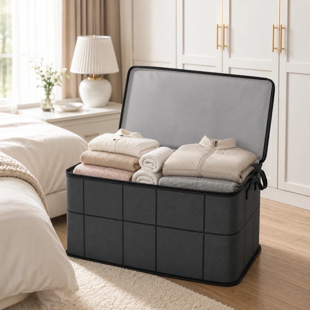 Josh & Tate - StackFold™ Folding Storage Box - A large black fabric storage bin with a hinged lid, shown open and filled with folded towels and a light-colored top in a bright bedroom setting.