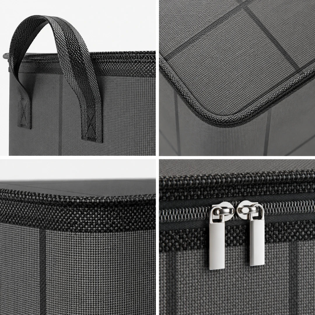 Josh & Tate - StackFold™ Folding Storage Box - A four-panel close-up collage of a dark gray mesh storage bag or organizer with black trim, a top handle, and silver zipper pulls.