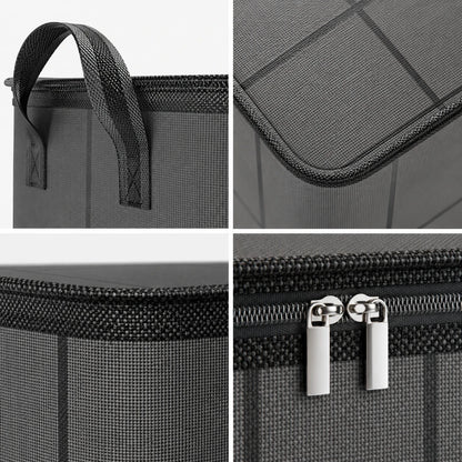 Josh & Tate - StackFold™ Folding Storage Box - A four-panel close-up collage of a dark gray mesh storage bag or organizer with black trim, a top handle, and silver zipper pulls.