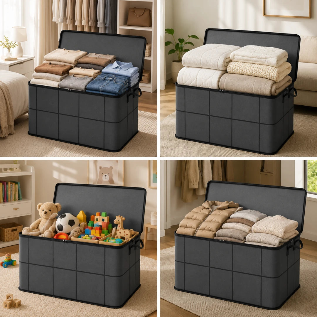 Josh & Tate - StackFold™ Folding Storage Box - A four-panel collage showing a dark gray fabric storage bin with a grid pattern, shown open in different home settings. The top-left panel shows the bin filled with folded clothes, the top-right with folded blankets and sheets, and the bottom-left and bottom-right show it filled with toys and folded textiles respectively.