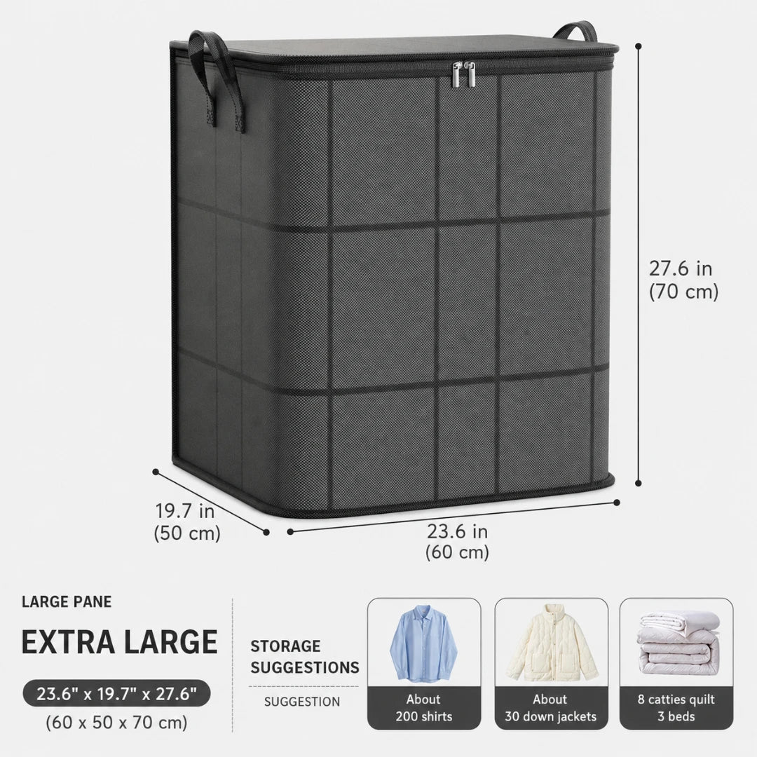 Josh & Tate - StackFold™ Folding Storage Box - A large dark gray fabric storage bin with dimension labels showing 27.6 in height, 19.