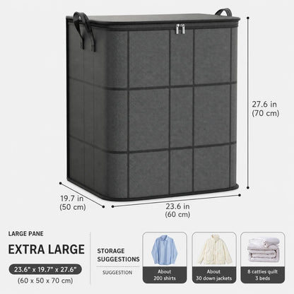 Josh & Tate - StackFold™ Folding Storage Box - A large dark gray fabric storage bin with dimension labels showing 27.6 in height, 19.