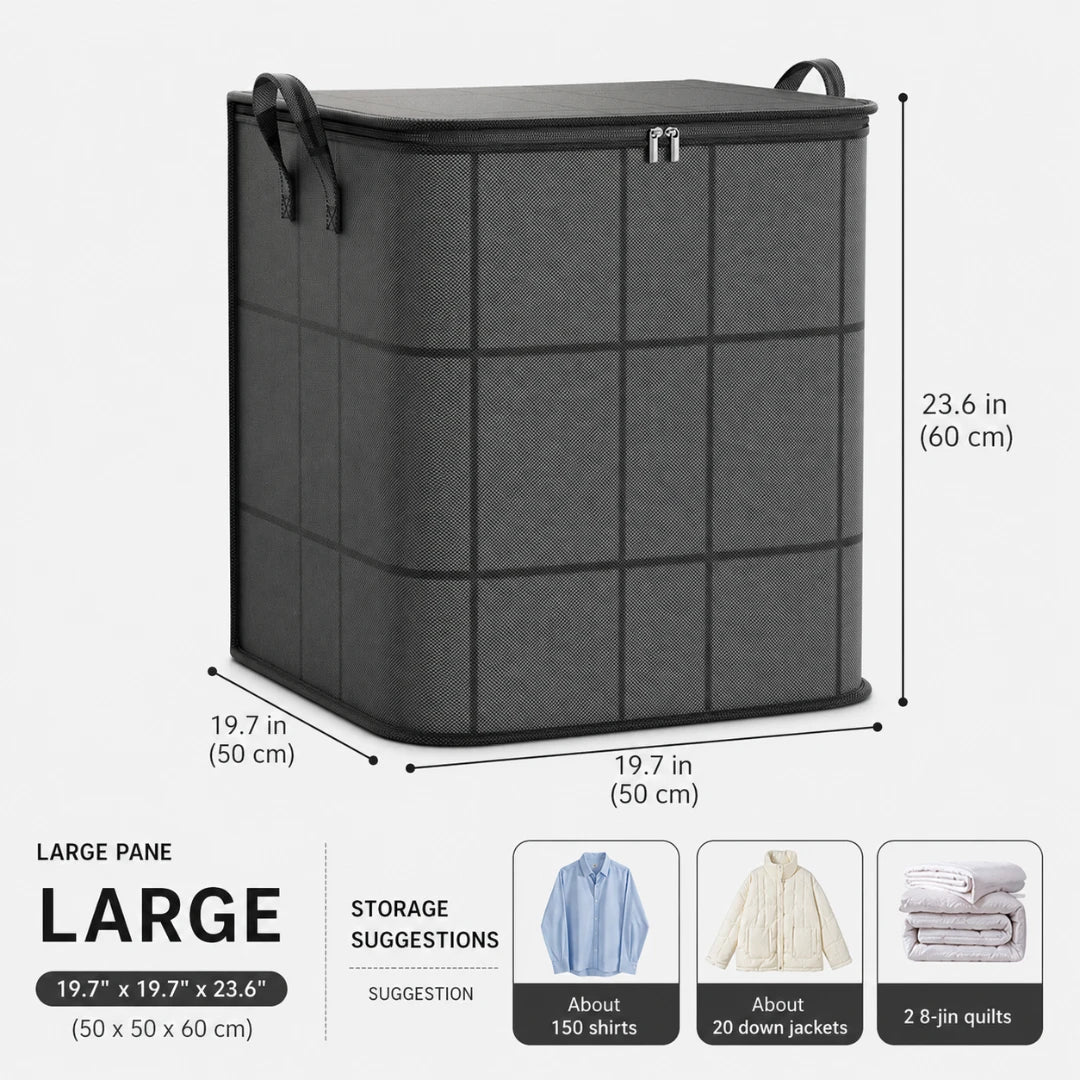 Josh & Tate - StackFold™ Folding Storage Box - Large dark gray fabric storage bin with dimension labels showing 19.7 x 19.
