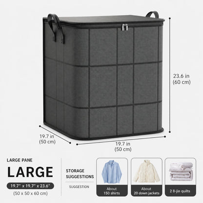Josh & Tate - StackFold™ Folding Storage Box - Large dark gray fabric storage bin with dimension labels showing 19.7 x 19.