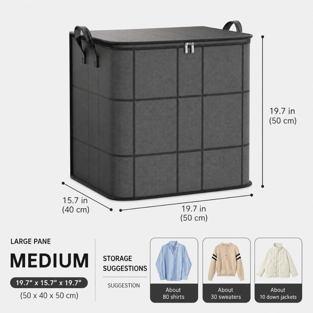 Josh & Tate - StackFold™ Folding Storage Box - A dark gray fabric storage bin with dimensions labeled as 19.7 x 15.