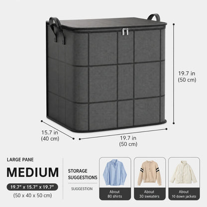 Josh & Tate - StackFold™ Folding Storage Box - A dark gray fabric storage bin with dimensions labeled as 19.7 x 15.