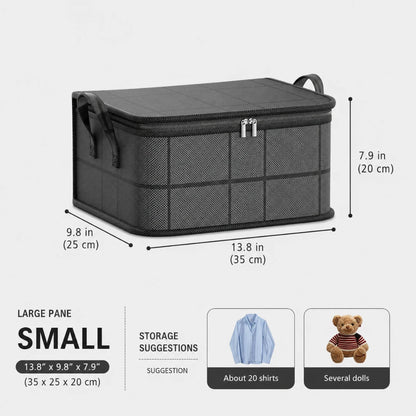 Josh & Tate - StackFold™ Folding Storage Box - Black fabric storage bag with dimension labels showing 13.8 x 9.