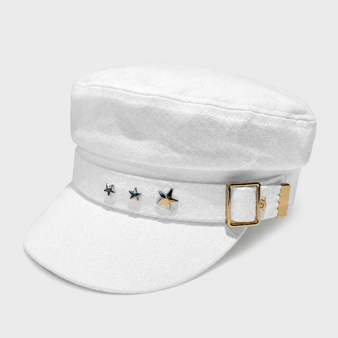 Josh & Tate - StarHat™ Retro Beret - A white structured military-style cap with a matching white headband featuring three metallic star pins and a gold buckle, shown on a light gray background.