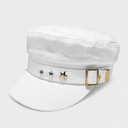 Josh & Tate - StarHat™ Retro Beret - A white structured military-style cap with a matching white headband featuring three metallic star pins and a gold buckle, shown on a light gray background.