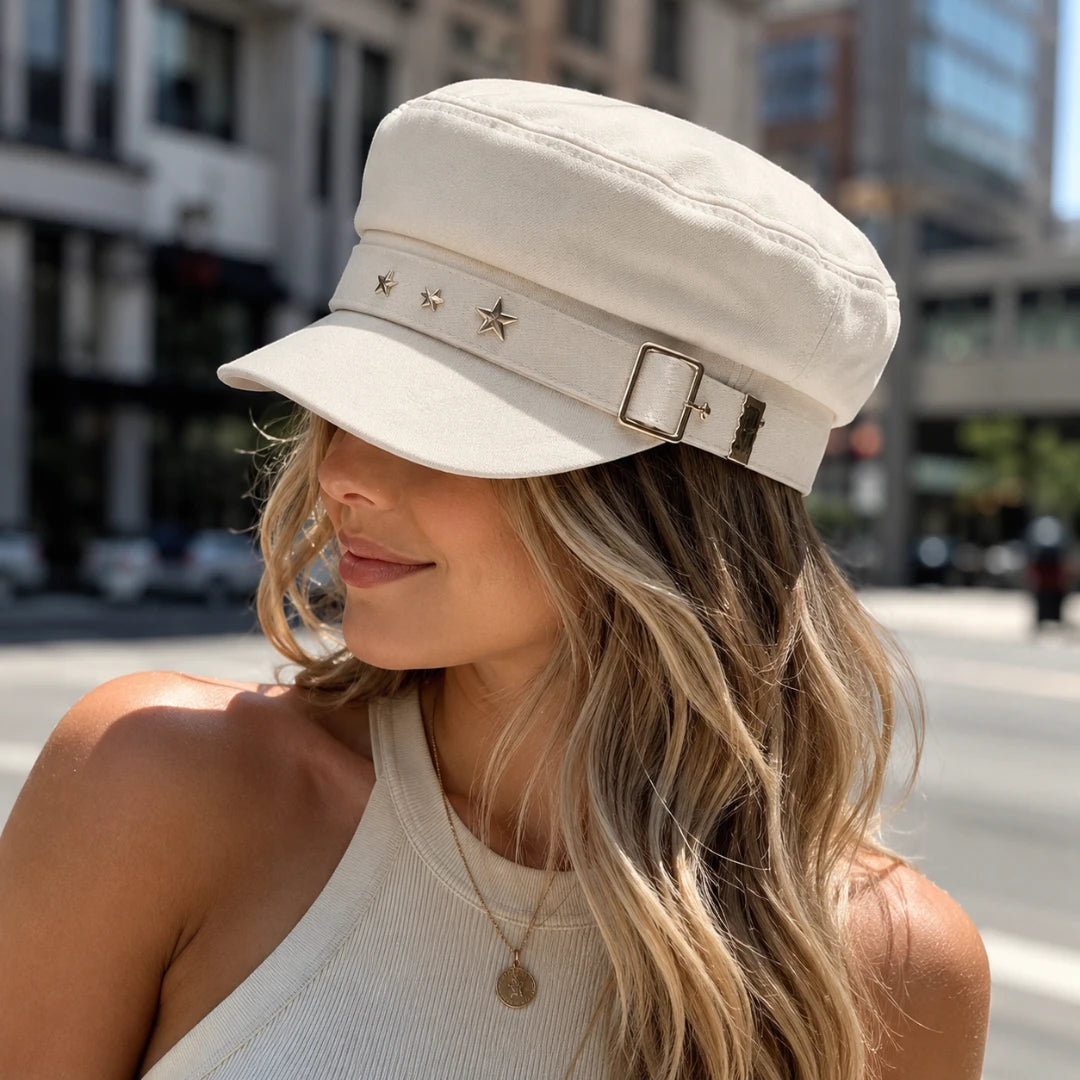 Josh & Tate - StarHat™ Retro Beret - A woman wearing a cream-colored newsboy cap with gold star and buckle details, photographed outdoors on a city street.