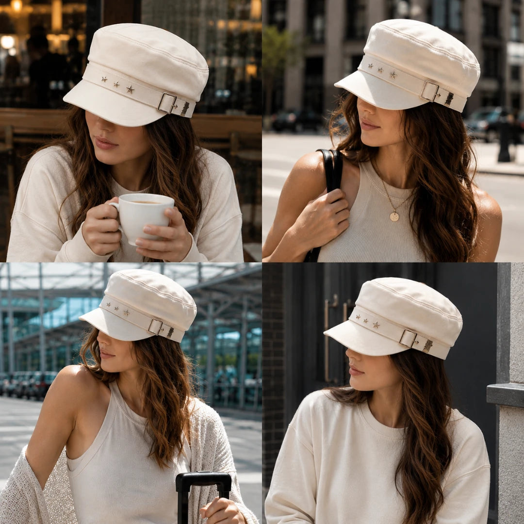Josh & Tate - StarHat™ Retro Beret - A four-panel collage showing a woman wearing a light cream structured cap with a curved brim, decorative star details, and a buckle strap. The panels show her in different settings: holding a white mug in a cafe, on a city street, with a suitcase handle visible, and indoors against a dark wall.