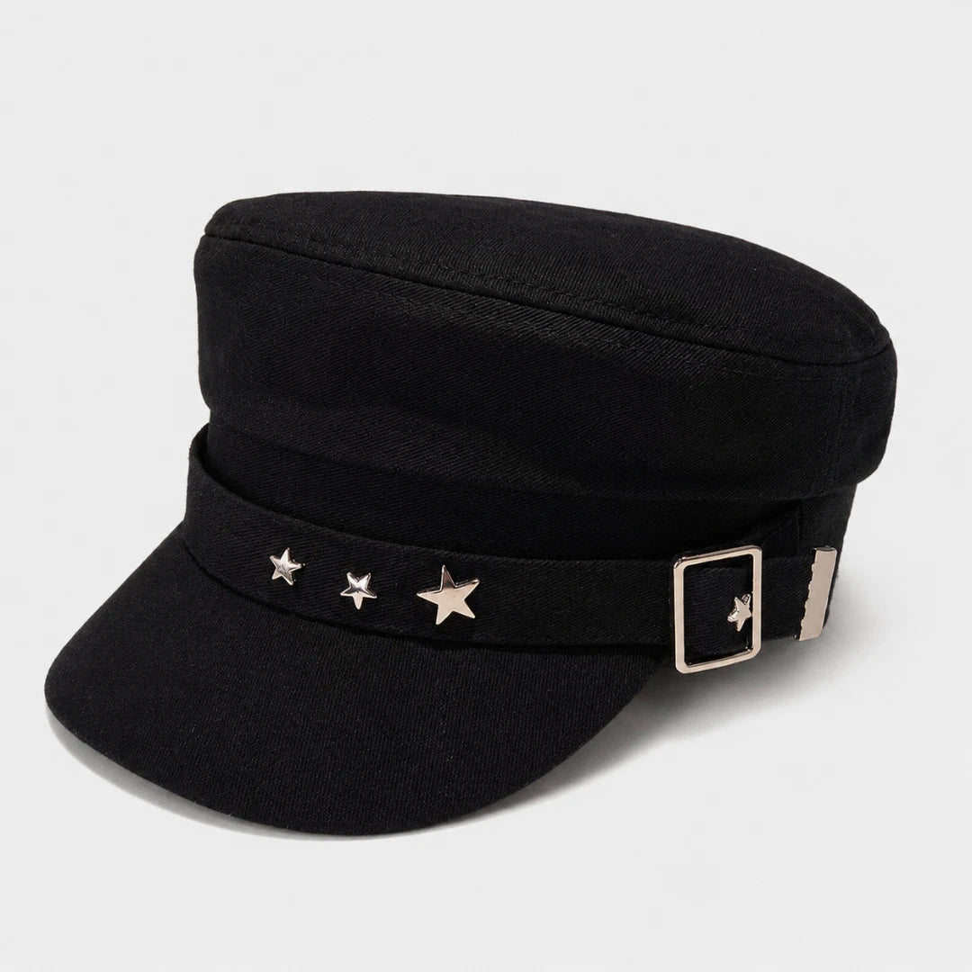 Josh & Tate - StarHat™ Retro Beret - A black military-style cap with a structured crown, a curved brim, a black band decorated with three silver star studs, and a silver buckle on the side, shown against a light gray background.