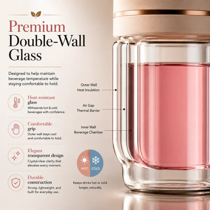 Josh & Tate - SteepSeal™ Tea-Water Separation Bottle - Double-wall glass with pink liquid, labeled features on a beige background