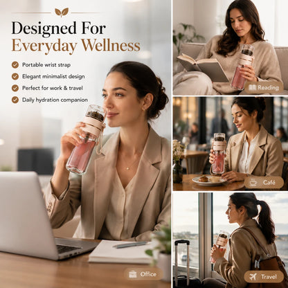 Josh & Tate - SteepSeal™ Tea-Water Separation Bottle - Woman using a portable water bottle in various settings with text highlighting its features.