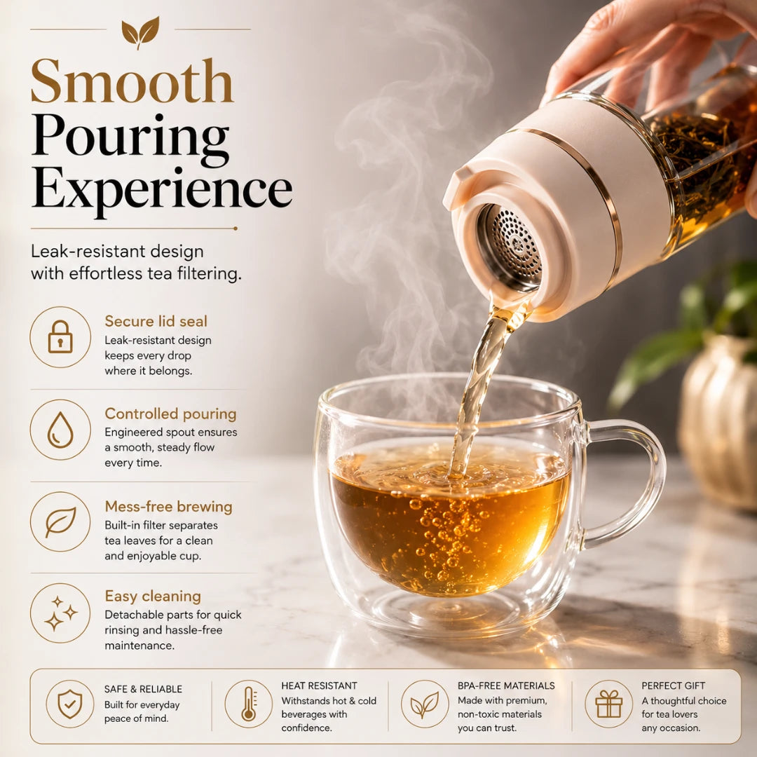 Josh & Tate - SteepSeal™ Tea-Water Separation Bottle - Tea infuser being used to pour tea into a glass cup with text highlighting features.