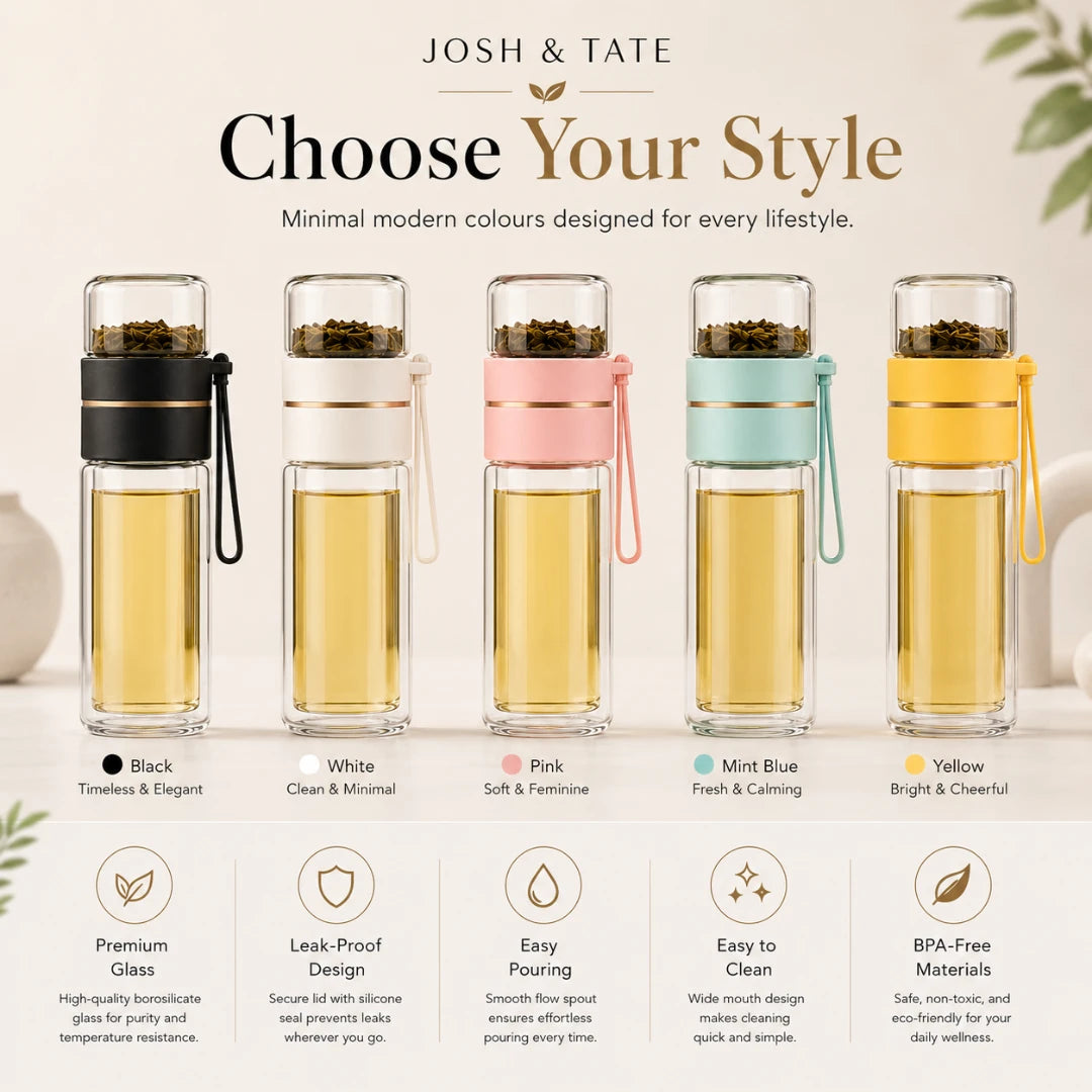 Josh & Tate - SteepSeal™ Tea-Water Separation Bottle - Set of five glass bottles with different colored lids and handles, each labeled with a color and its associated description. Brand 'Josh & Tate' is displayed at the top.