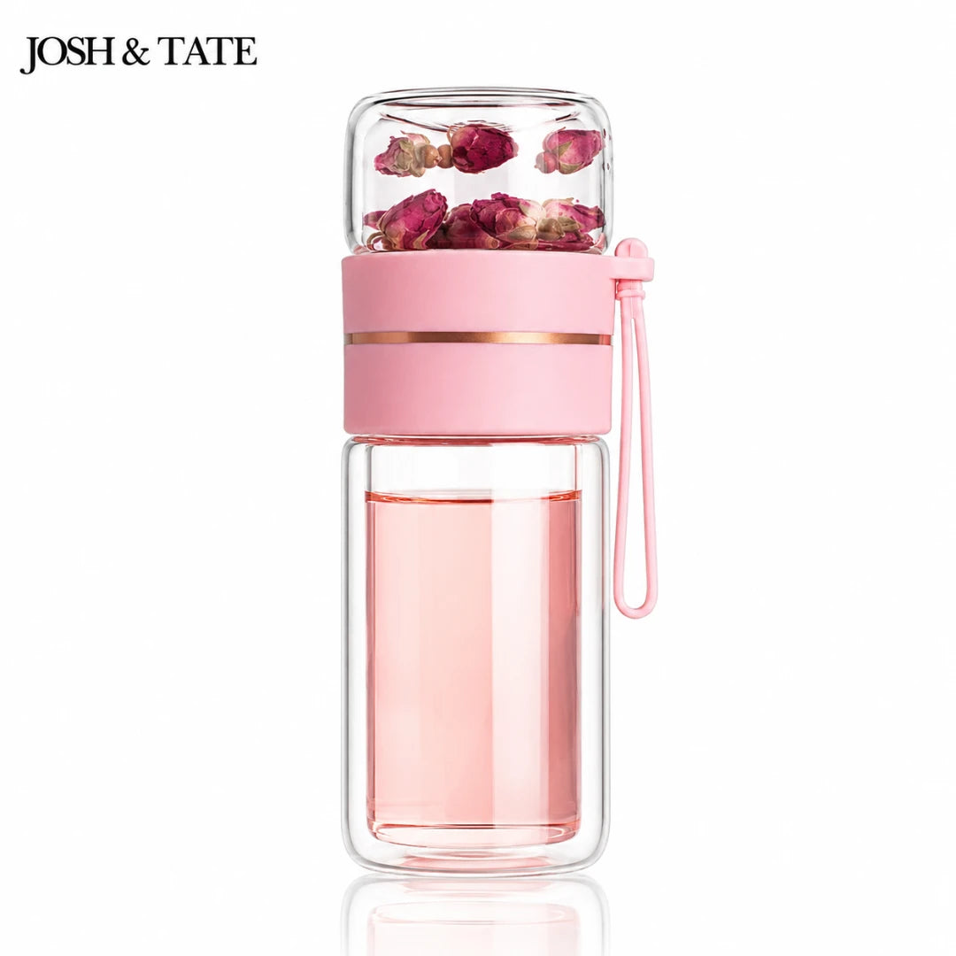 Josh & Tate - SteepSeal™ Tea-Water Separation Bottle - Pink water bottle with floral elements on a white background, featuring the brand 'Josh & Tate'.