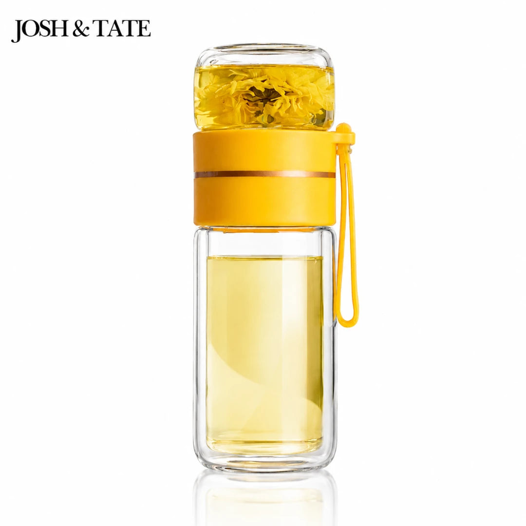 Josh & Tate - SteepSeal™ Tea-Water Separation Bottle - Glass water bottle with yellow accents and a strap, featuring the brand 'Josh & Tate'.