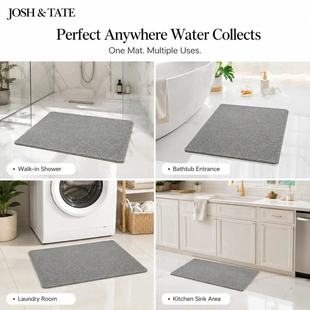 Josh & Tate - StepDry™ Anti-Slip Bath Mat - Gray mat shown in various bathroom and laundry room settings with 'Josh & Tate' branding.