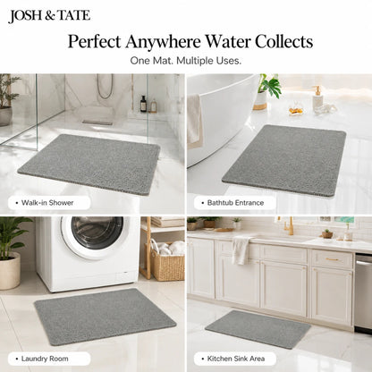 Josh & Tate - StepDry™ Anti-Slip Bath Mat - Gray mat shown in various bathroom and laundry room settings with 'Josh & Tate' branding.