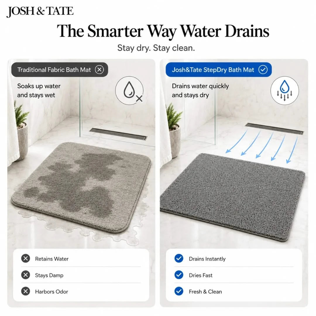 Josh & Tate - StepDry™ Anti-Slip Bath Mat - Comparison of traditional fabric bath mat and Josh & Tate StepDry Bath Mat in a bathroom setting.