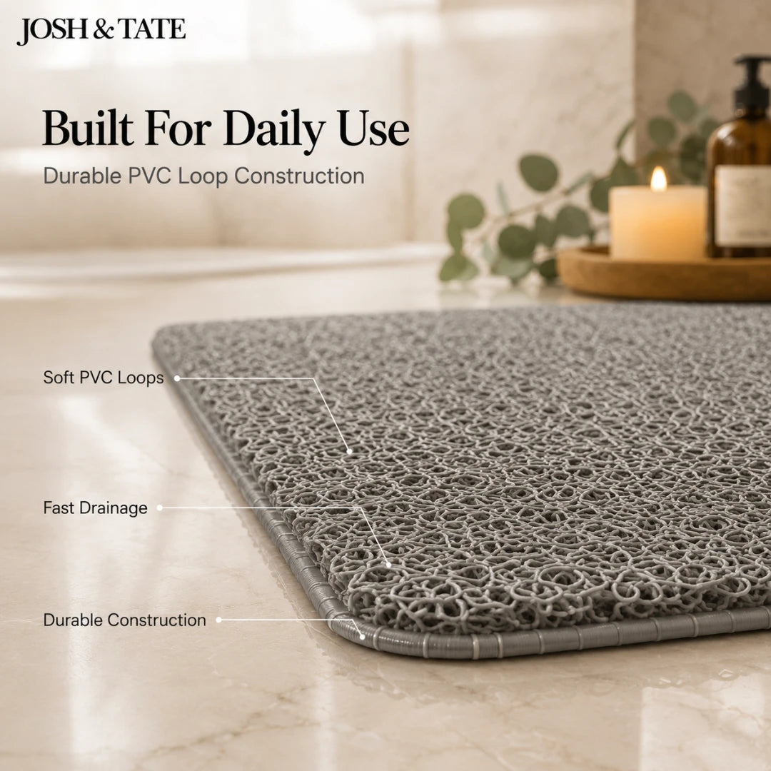 Josh & Tate - StepDry™ Anti-Slip Bath Mat - Gray bath mat with features labeled on a bathroom floor, featuring Josh & Tate branding.