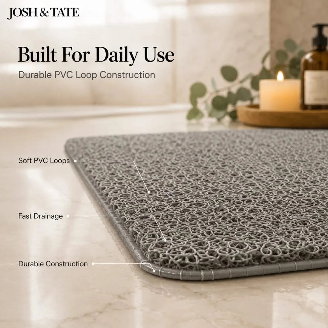 Josh & Tate - StepDry™ Anti-Slip Bath Mat - Gray bath mat with features labeled on a bathroom floor, featuring Josh & Tate branding.