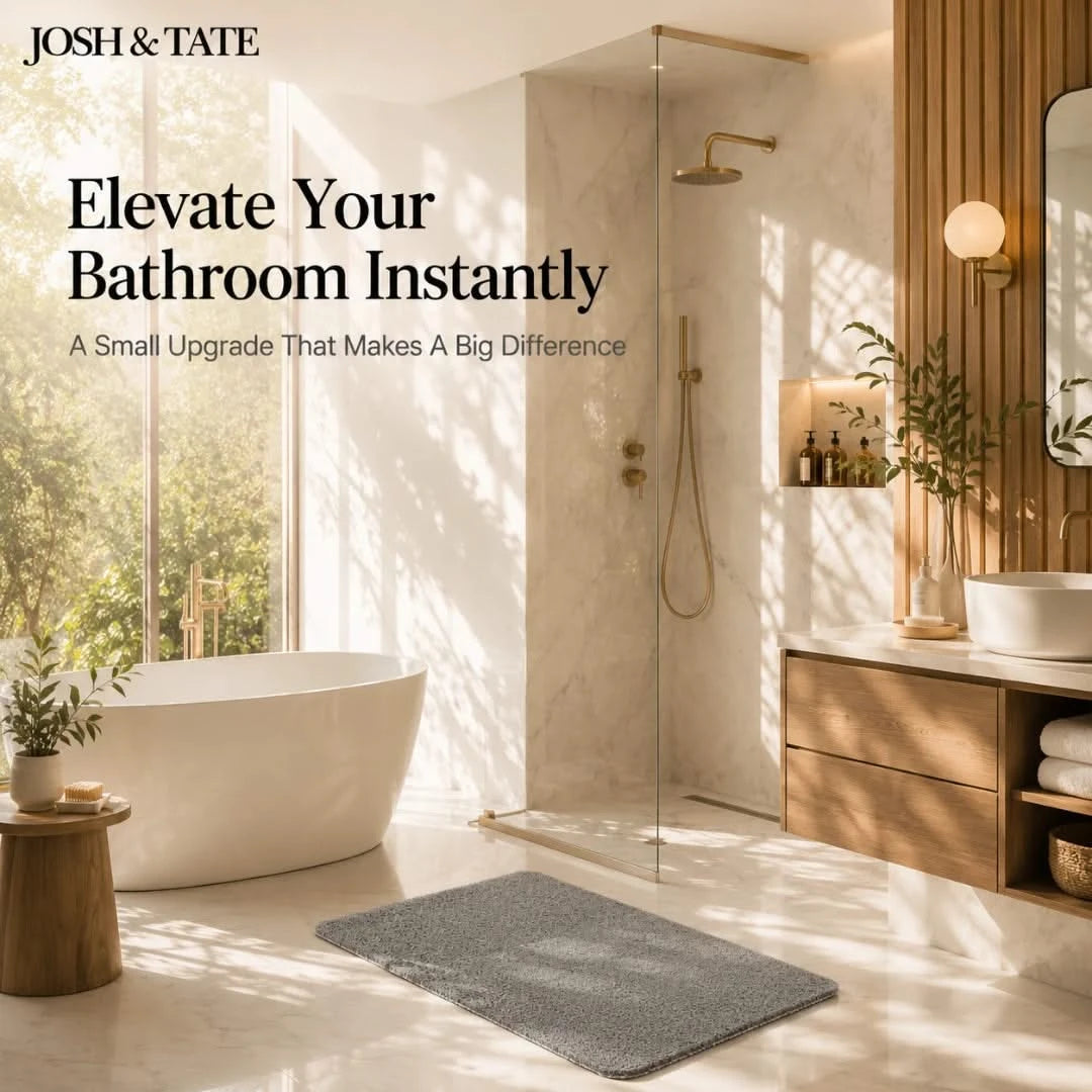 Josh & Tate - StepDry™ Anti-Slip Bath Mat - Modern bathroom with a shower, bathtub, and wooden vanity, featuring Josh & Tate branding.