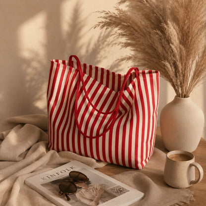 A red and white vertically striped canvas tote bag with red handles, styled on a wooden table with a beige throw blanket, sunglasses on a magazine, a ceramic mug, and a vase of pampas grass against a sunlit beige wall.