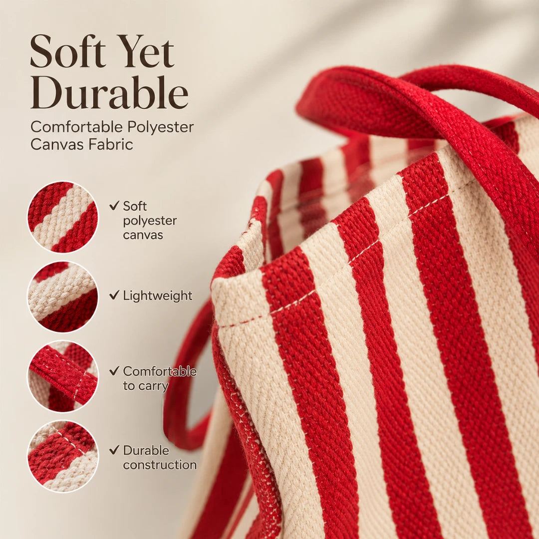 Josh & Tate - StripeCarry™ Oversized Tote Bag - Red and off-white striped canvas tote bag with text and circular fabric detail callouts on a light beige background.