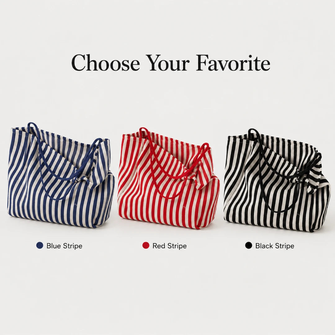 Josh & Tate - StripeCarry™ Oversized Tote Bag - Three striped fabric tote bags shown on a light gray background with the text 'Choose Your Favorite' above them and color labels below: blue and white stripes labeled Blue Stripe, red and white stripes labeled Red Stripe, and black and white stripes labeled Black Stripe.