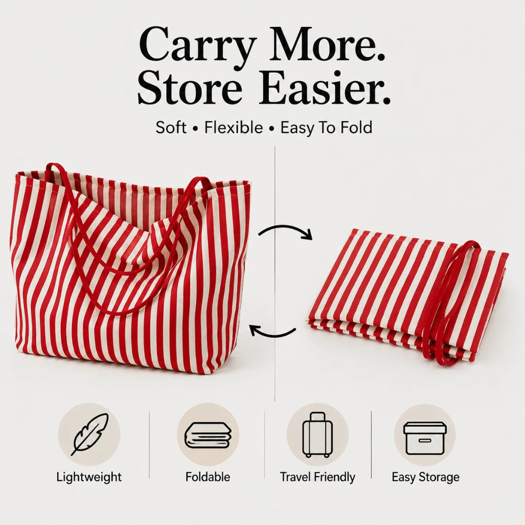 Josh & Tate - StripeCarry™ Oversized Tote Bag - Red and white striped reusable tote bag shown folded and unfolded on a light gray background, with text reading 'Carry More. Store Easier.