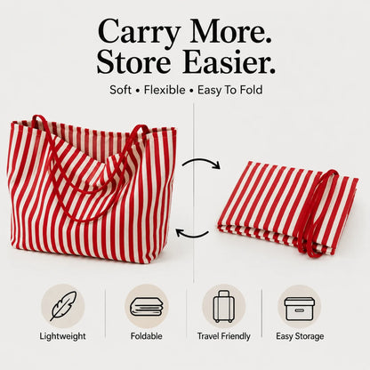 Josh & Tate - StripeCarry™ Oversized Tote Bag - Red and white striped reusable tote bag shown folded and unfolded on a light gray background, with text reading 'Carry More. Store Easier.