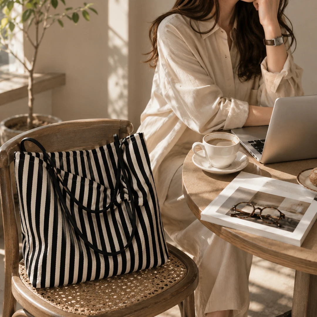 Josh & Tate - StripeCarry™ Oversized Tote Bag - A black and white vertically striped canvas tote bag with black rope handles rests on a wooden chair next to a woman in a cream-colored shirt working on a laptop at a round wooden table.